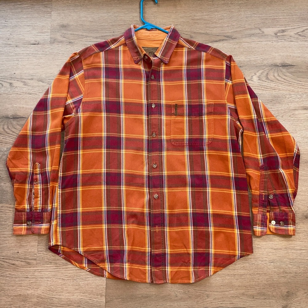Clearwater Outfitters Mens Long Sleeve Flannel Shirt Orange Red Plaid Size L